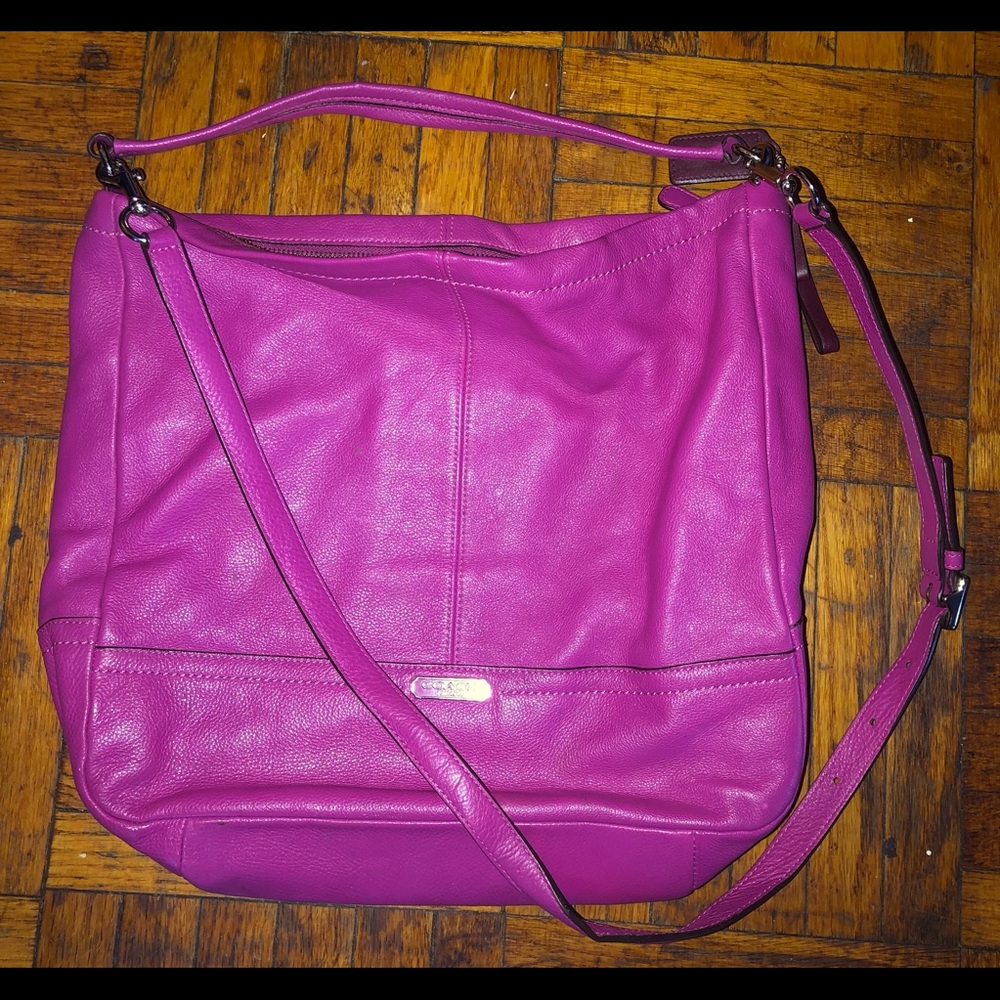COACH Pink/Purple Leather Hobo Bag with Crossbody Strap.